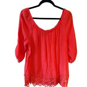 Bobeau Coral Red Gauze Crochet Lace Hem Blouse 3/4 Tie Sleeve Boho Top Large